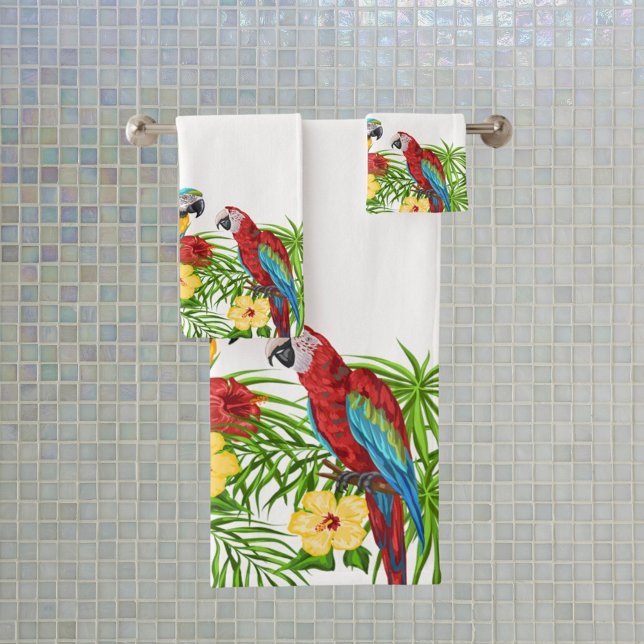 Tropical blue parrots summer family name white bath towel set (Creator Uploaded)