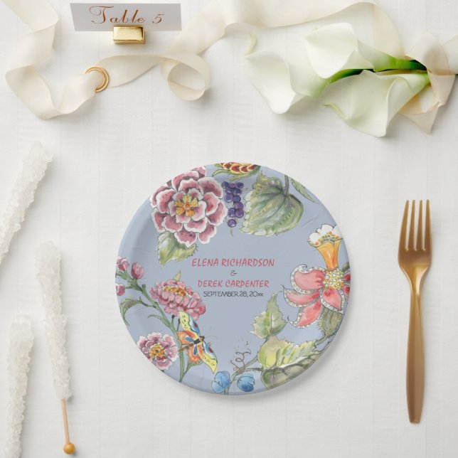 Tropical Blue Pink Chinoiserie Floral Paper Plate (Wedding)