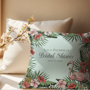 Tropical Blue & Pink Floral Flamingo Bridal Shower Cushion