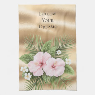 Tropical Blue Pink Hibiscus Floral   Tea Towel