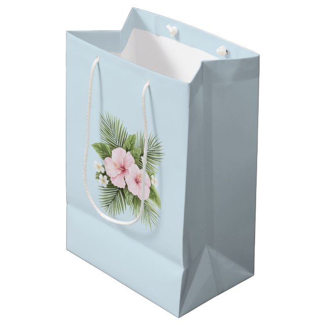 Tropical Blue Pink Hibiscus Floral Wedding Medium Gift Bag (Front Angled)