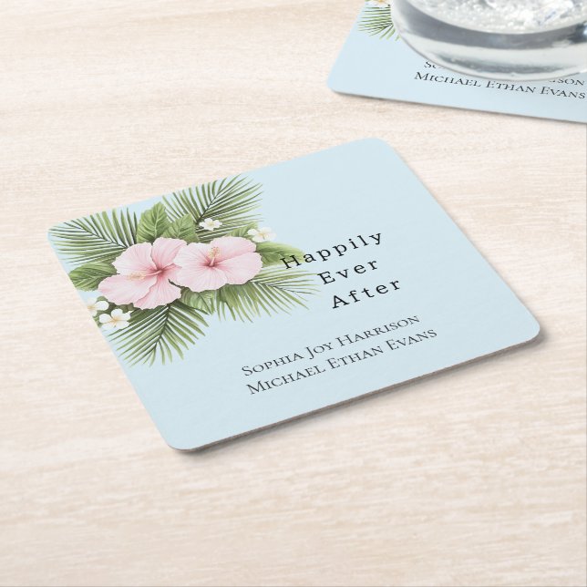 Tropical Blue Pink Hibiscus Floral Wedding Square Paper Coaster (Angled)