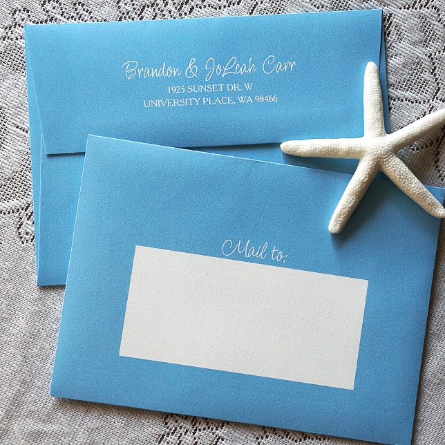 Tropical Blue, Pre-addressed 5x7 Monogram Wedding Envelope (Malibu blue, bahama blue, tropical teal blue 5x7 wedding invitation envelopes, address pre-printed)