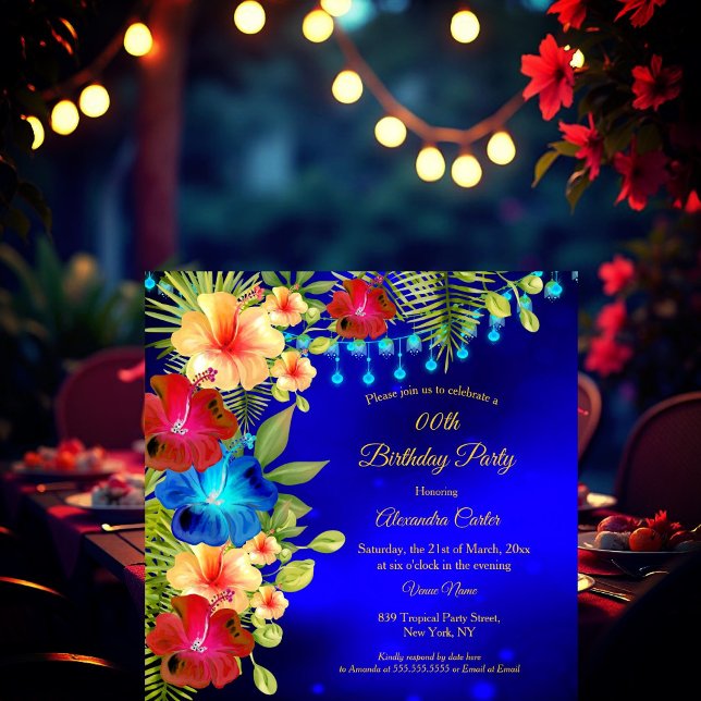 Tropical Blue Red Yellow Hibiscus floral Birthday Invitation (Creator Uploaded)