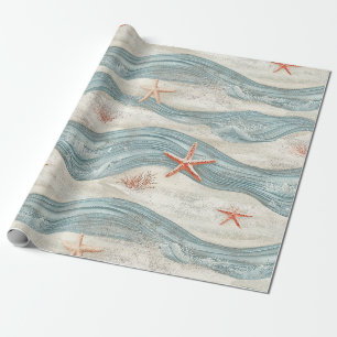 Tropical Blue Sea Coral Starfish Coastal Wrapping Paper
