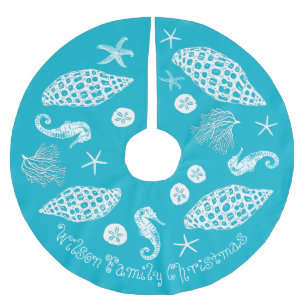 Tropical Blue Sea Life Print Custom Text Brushed Polyester Tree Skirt