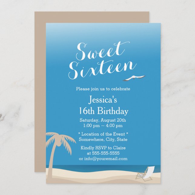 Tropical Blue Sky Beach Theme Sweet 16 Invitation (Front/Back)