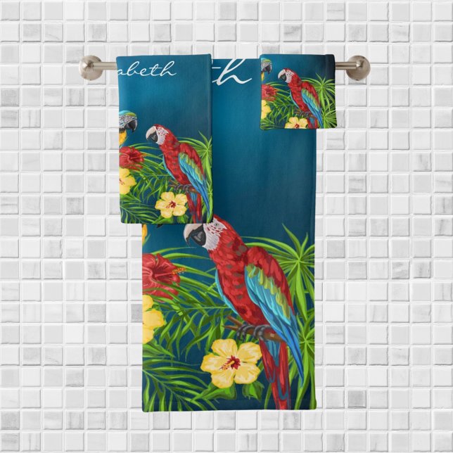 Tropical blue sky parrots leaves summer name bath towel set (Creator Uploaded)