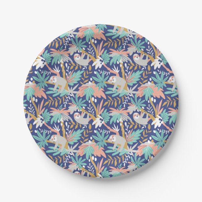 Tropical Blue Sloth Pattern Paper Plate (Front)