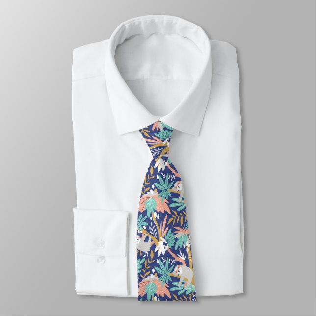 Tropical Blue Sloth Pattern Tie (Tied)