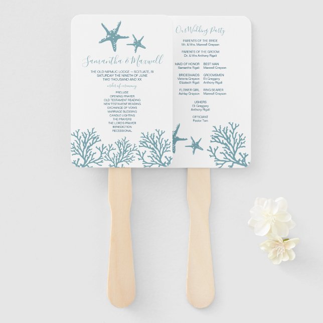 Tropical Blue Starfish Coral Wedding Program Fan (Front and Back)