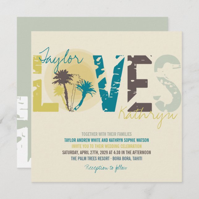 Tropical Blue Sunset Palm Trees Beach Wedding Invitation (Front/Back)