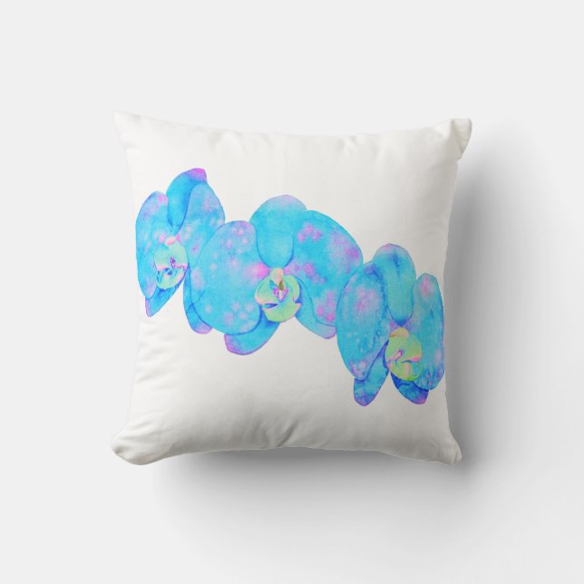 Tropical Blue Teal watercolor orchid painting Cushion (Front)