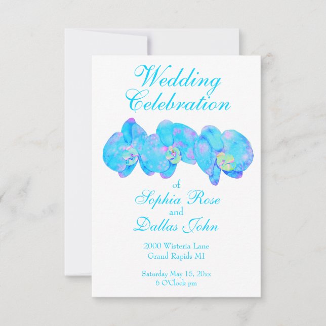 Tropical Blue Teal watercolor orchid painting Invitation (Front)