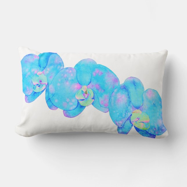 Tropical Blue Teal watercolor orchid painting Lumbar Cushion (Front)