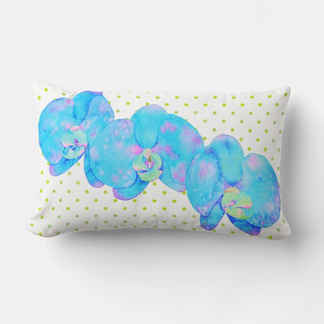 Tropical Blue Teal watercolor orchid painting Lumbar Cushion (Front)