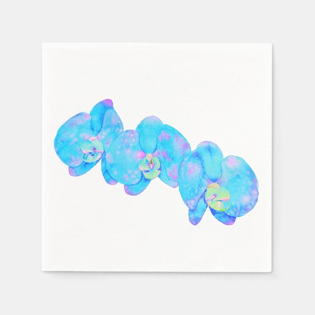 Tropical Blue Teal watercolor orchid painting Napkin (Front)