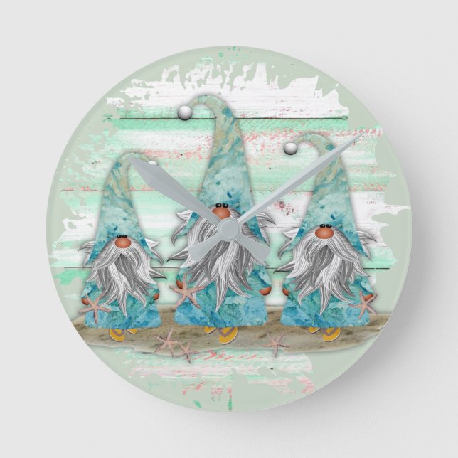 Tropical Blue Watercolor Beach Gnomes Round Clock (Front)