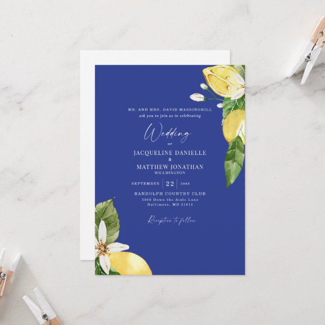 Tropical Blue Watercolor Lemons Wedding  Invitation (Front/Back In Situ)