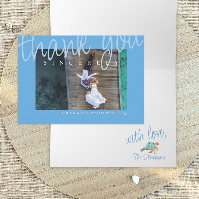 Tropical Blue Wedding Thank You Cards (Tropical blue wedding photo thank you card with sea turtle - turquoise, teal blue, malibu blue)