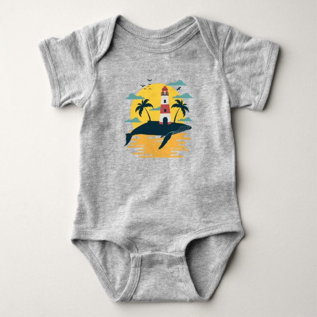 Tropical Blue Whale Island Ocean Sunset Bodysuit (Front)