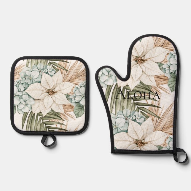 Tropical Blue White Flowers   Oven Mitt & Pot Holder Set (Front)
