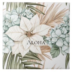 Tropical Blue White Flowers Wedding Tile