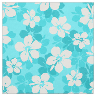 Tropical Blue White Hibiscus Flower Pattern Fabric