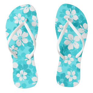 Tropical Blue White Hibiscus Flower Pattern Jandals