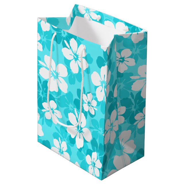 Tropical Blue White Hibiscus Flowers Pattern Medium Gift Bag (Front Angled)