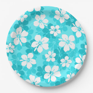 Tropical Blue White Hibiscus Flowers Pattern Paper Plate