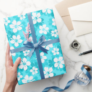 Tropical Blue White Hibiscus Flowers Pattern Wrapping Paper