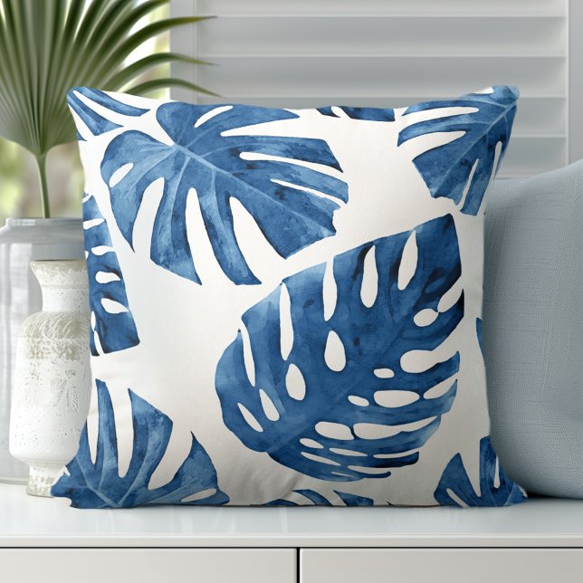 Tropical Blue White Palm Leaves Cushion (Transform Your Room with Coastal Throw Pillows)