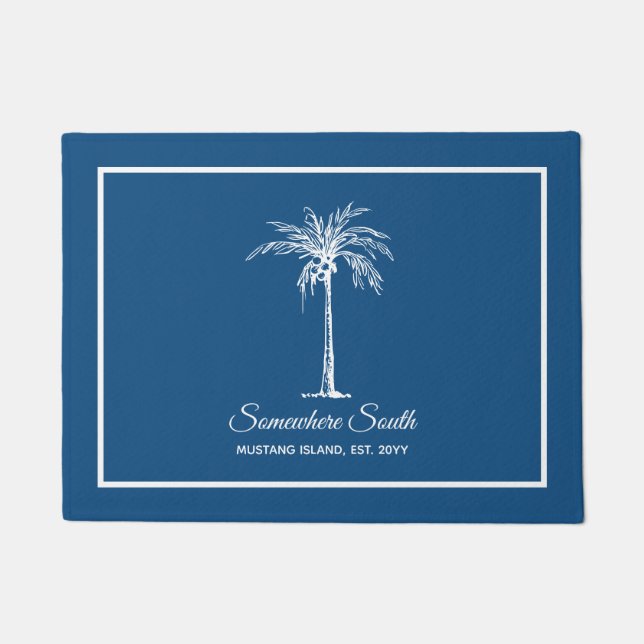Tropical Blue White Palm Tree Personalised Doormat (Front)