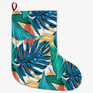 Tropical Blue yelllow leaves  Large Christmas Stocking