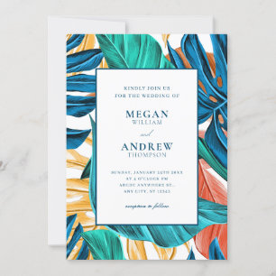 Tropical Blue yelllow leaves wedding Invitation