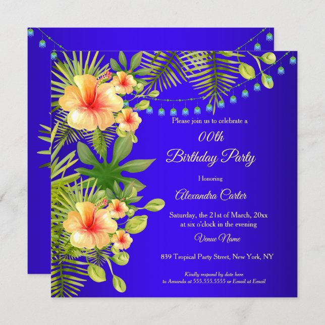 Tropical Blue Yellow Hibiscus floral Birthday Invitation (Front/Back)