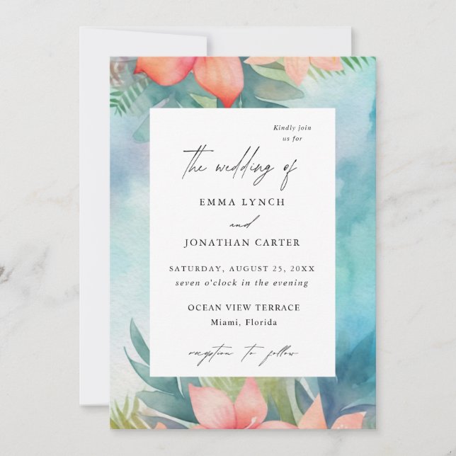 Tropical Blush Floral Modern Wedding Invitation (Front)
