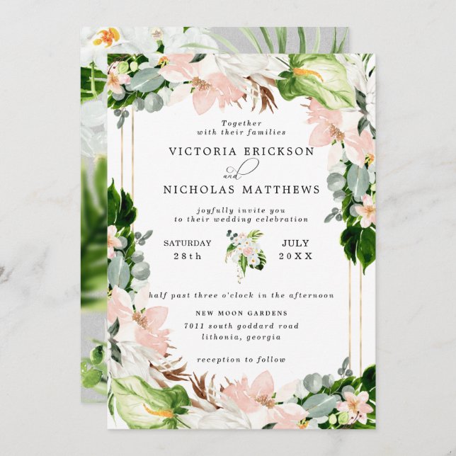Tropical Blush Pink White Floral Greenery Wedding Invitation (Front/Back)