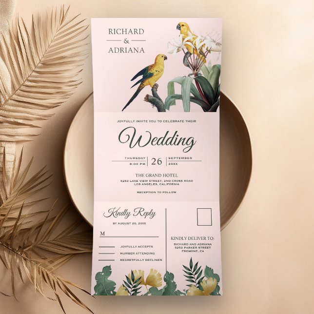 Tropical Blush Pink Yellow Parrot Couple Wedding Tri-Fold Invitation (Creator Uploaded)
