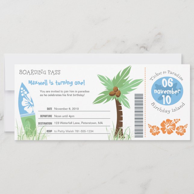 Tropical Boarding Pass Birthday Invitation (Front)