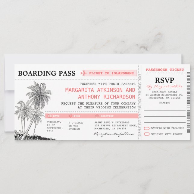tropical boarding pass wedding tickets with RSVP Invitation (Front)