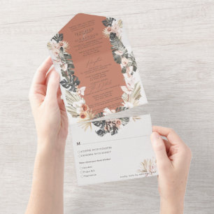 Tropical Bohemian Floral Terracotta Wedding All In One Invitation