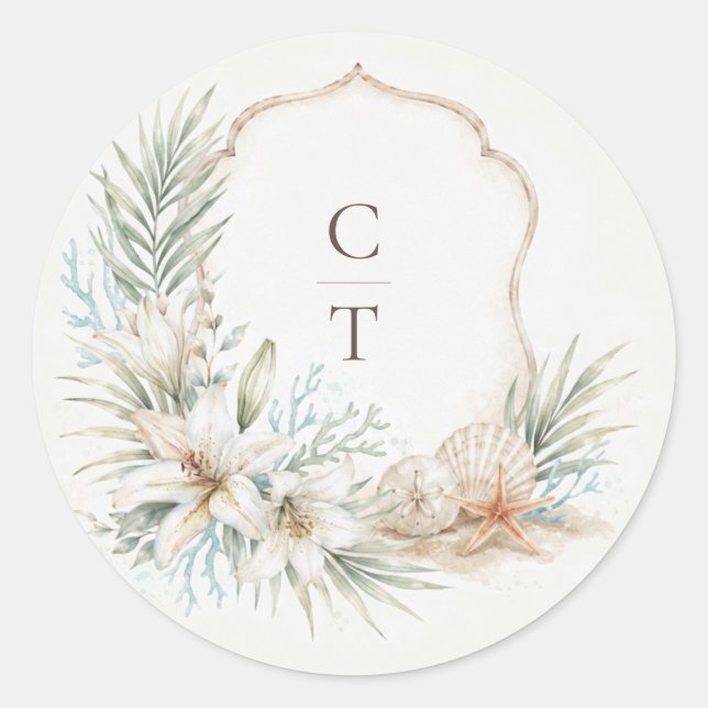 Tropical Boho Beach Watercolor Crest Classic Round Sticker (Front)