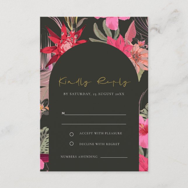 Tropical Boho Dark Red Pink Floral Wedding RSVP Enclosure Card (Front)