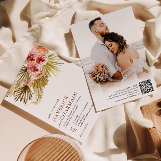 Tropical Boho Dried Flower | Photo QR code Wedding Invitation (Creator Uploaded)