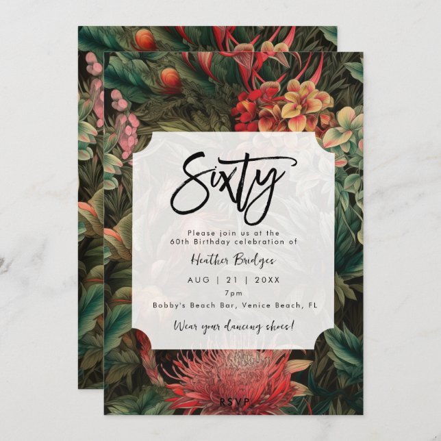 Tropical boho floral 60th birthday party invitation (Front/Back)