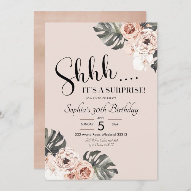 Tropical Boho Floral surprise birthday Invitation (Front/Back)