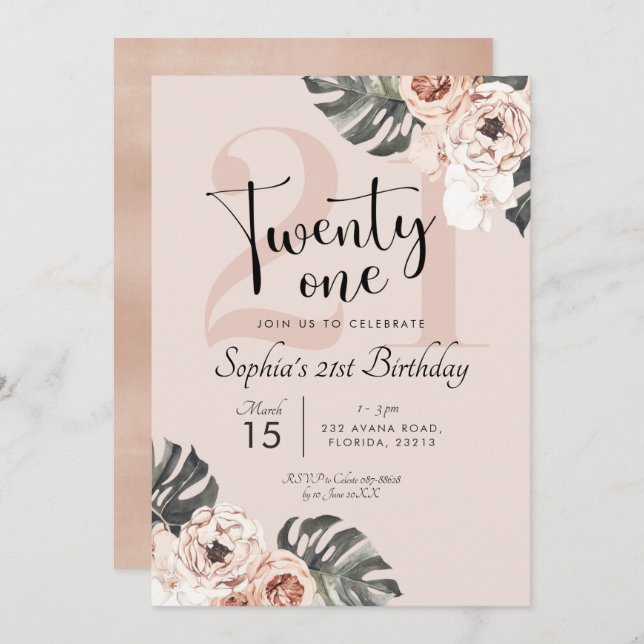 Tropical Boho Floral Twenty One Birthday Invitation (Front/Back)
