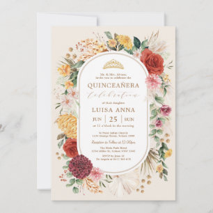 Tropical Boho Pampas Flower Quinceañera Birthday Invitation